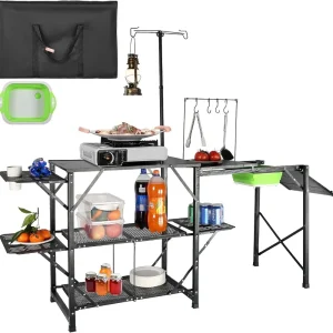 Camping Kitchen Table with Sink, Folding Portable W/2 Shelves